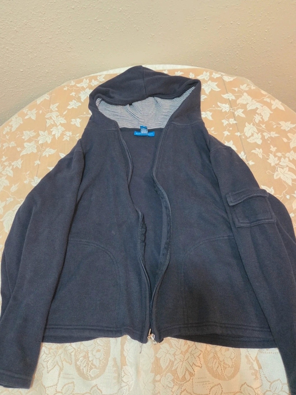 Karen Scott Navy Hooded Shirt Jacket with Striped Lining